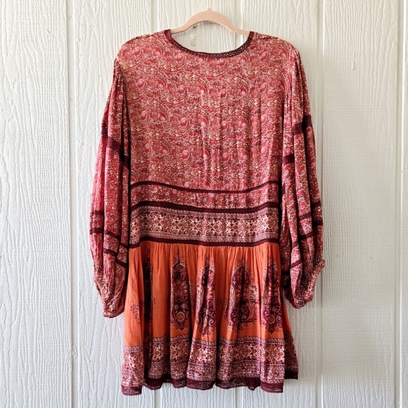 FREE PEOPLE Luna Boho Gypsy India Print V Neck Peasant Dress Orange Red Small - Picture 3 of 13